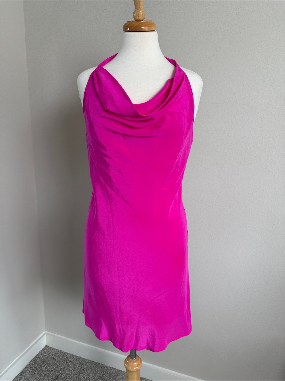 Charlie Jade 100% Silk Hot Pink Halter Slip Dress Small Satin Cocktail Mini